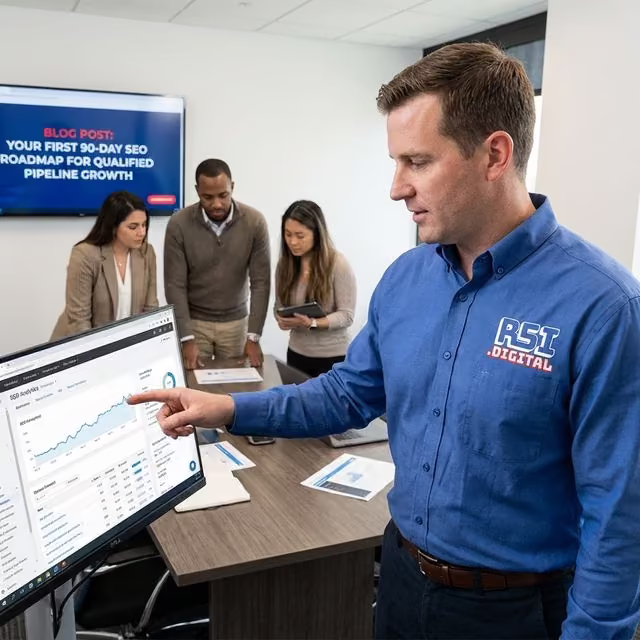 Marketing team reviewing SEO performance dashboards and keyword targets